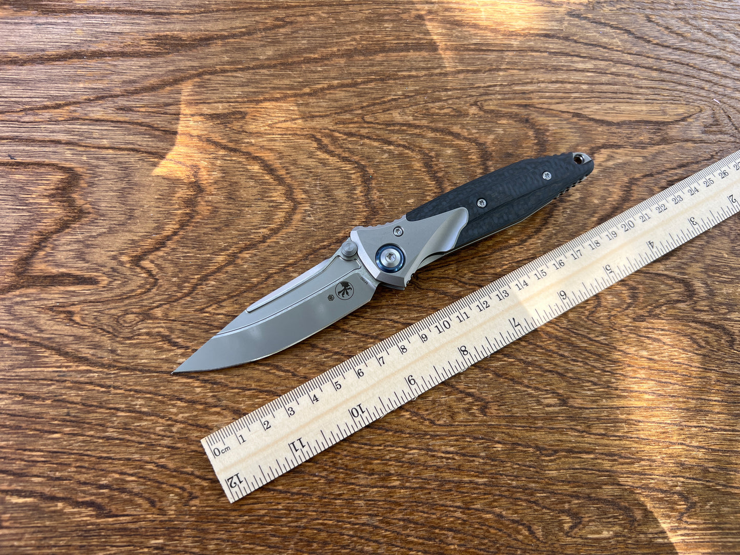 Microtech Socom Bravo Mini Manual Folding Knife 3.5" M390 Blasted Clip Point Plain Blade, Bolstered Titanium Handles with Carbon Fiber Scales, Frame Lock - 260M-7CFTI