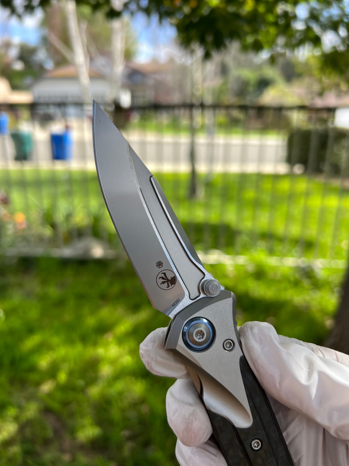 Microtech Socom Bravo Mini Manual Folding Knife 3.5" M390 Blasted Clip Point Plain Blade, Bolstered Titanium Handles with Carbon Fiber Scales, Frame Lock - 260M-7CFTI