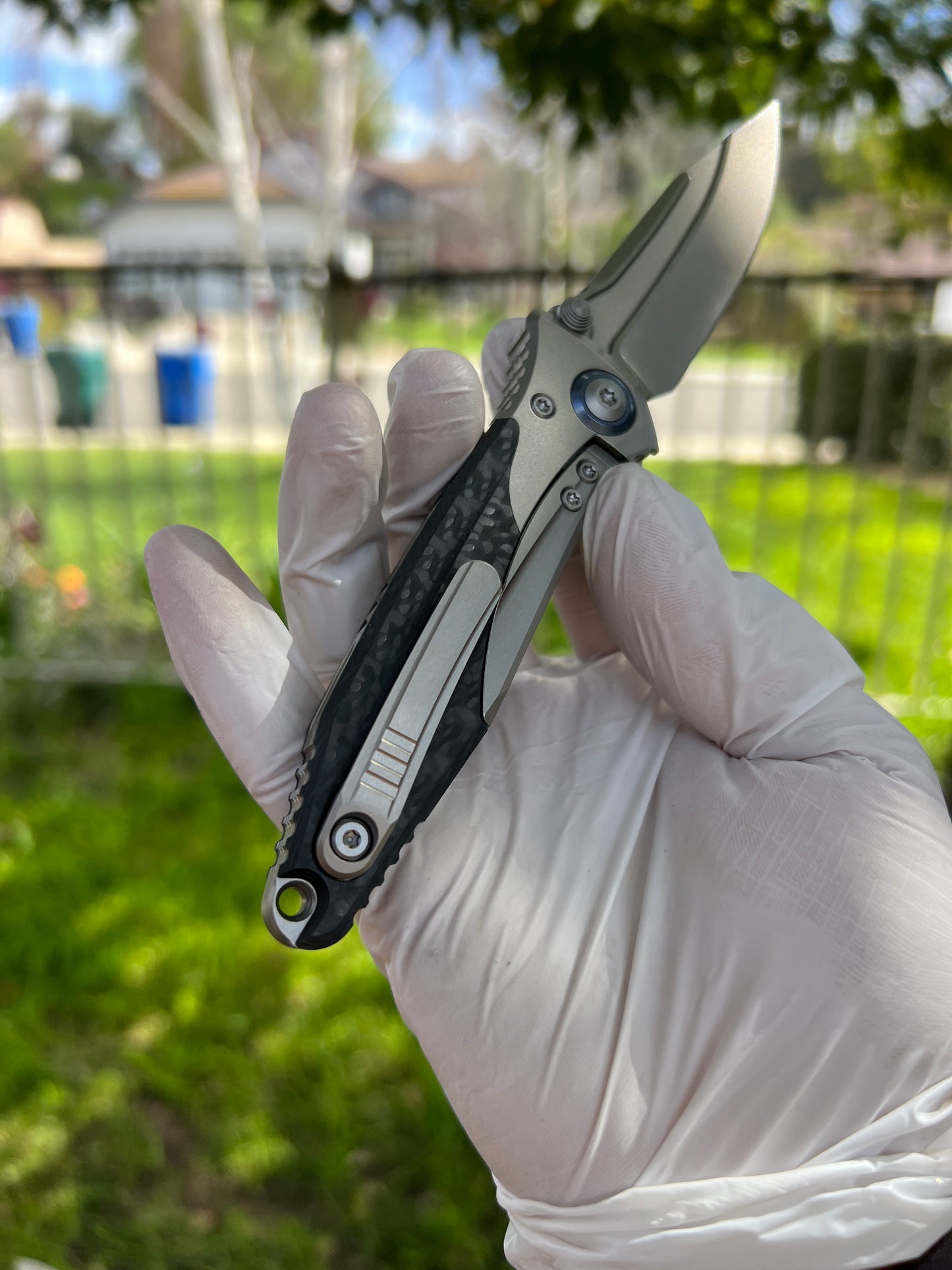 Microtech Socom Bravo Mini Manual Folding Knife 3.5" M390 Blasted Clip Point Plain Blade, Bolstered Titanium Handles with Carbon Fiber Scales, Frame Lock - 260M-7CFTI