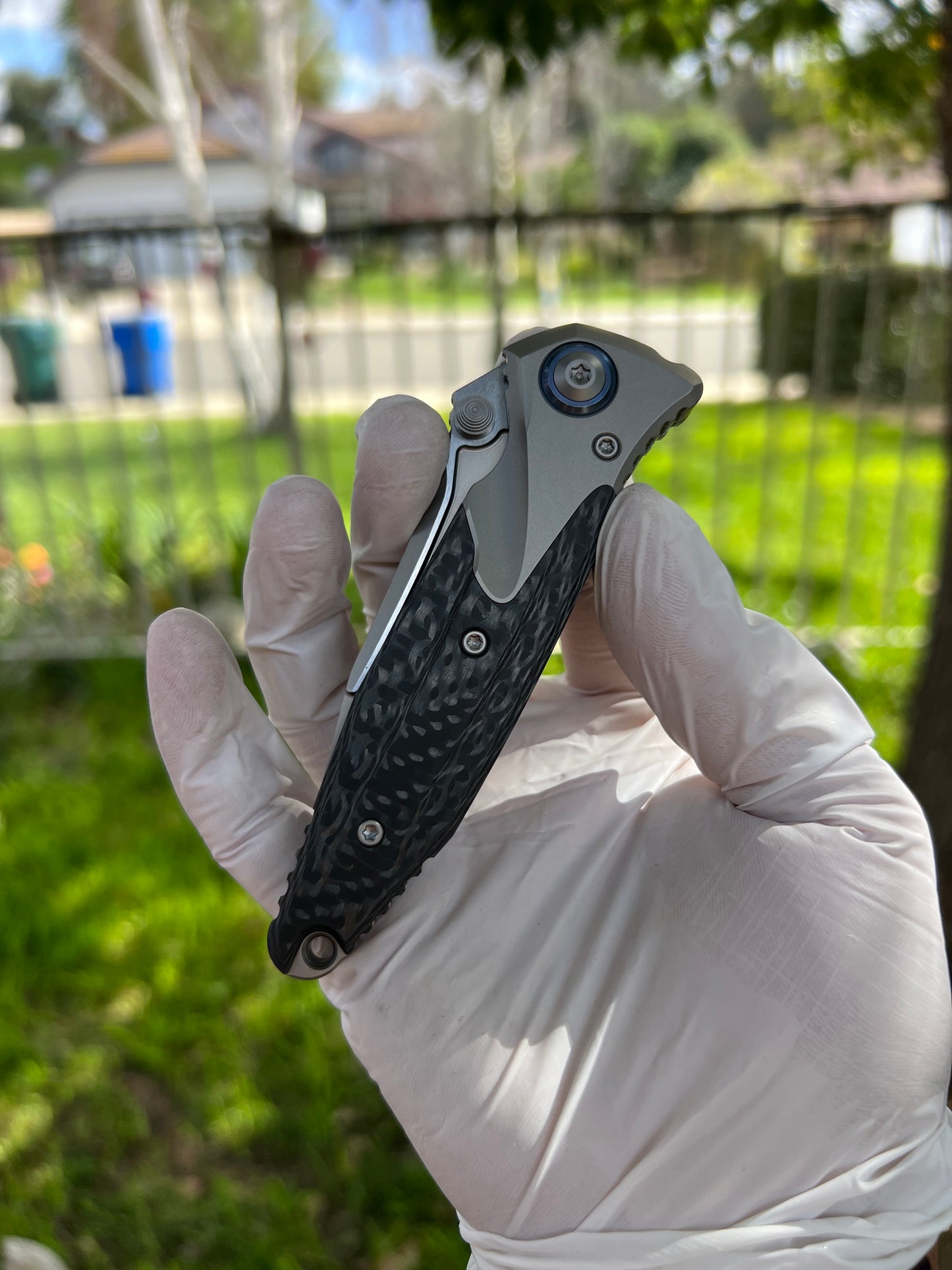 Microtech Socom Bravo Mini Manual Folding Knife 3.5" M390 Blasted Clip Point Plain Blade, Bolstered Titanium Handles with Carbon Fiber Scales, Frame Lock - 260M-7CFTI