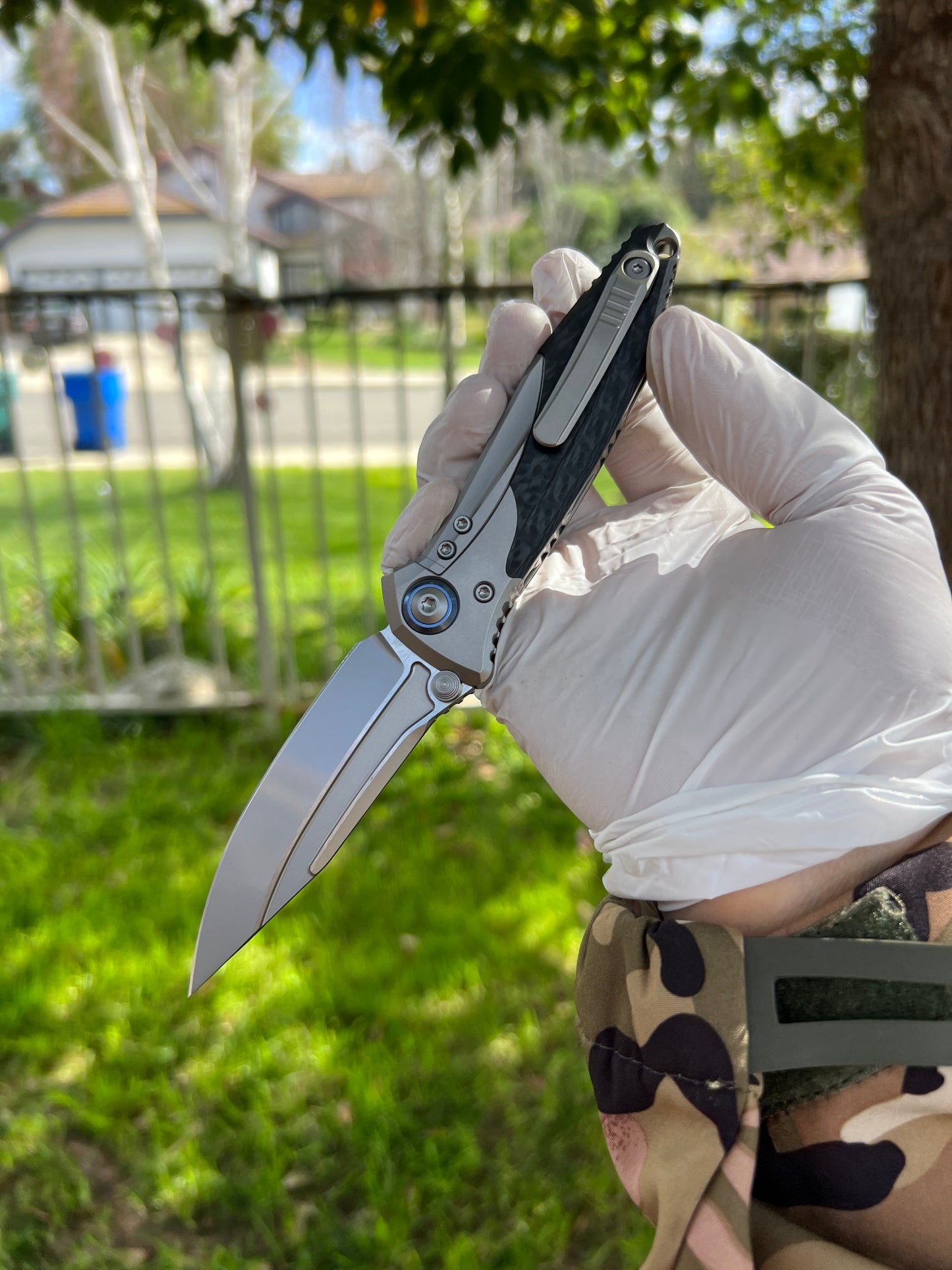 Microtech Socom Bravo Mini Manual Folding Knife 3.5" M390 Blasted Clip Point Plain Blade, Bolstered Titanium Handles with Carbon Fiber Scales, Frame Lock - 260M-7CFTI