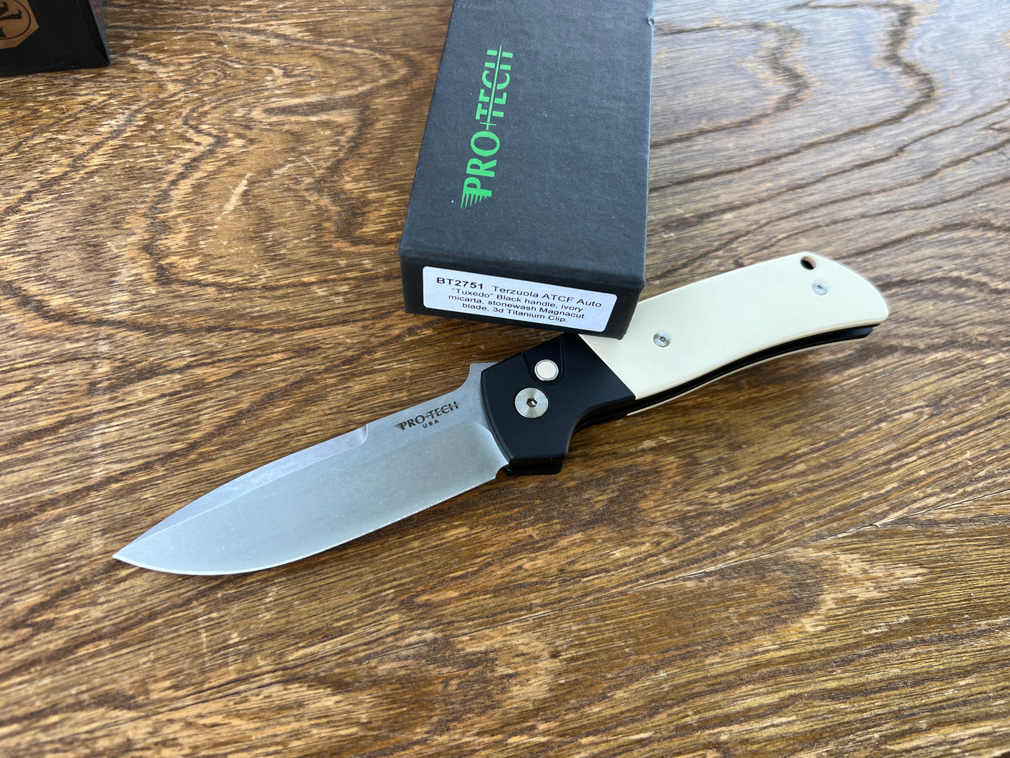 Pro-Tech Bob Terzuola ATCF Tuxedo AUTO Folding Knife 3.5" MagnaCut Black DLC Drop Point Blade, Black Aluminum Handles with Ivory Micarta Inlays - BT2752