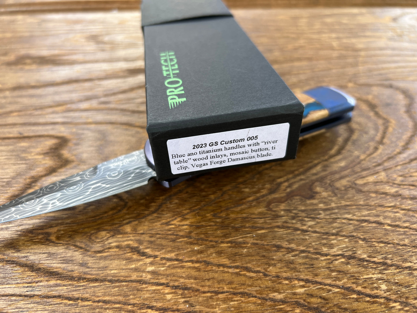 Pro-Tech Godson 2023 Custom 005 Blue Anodized Titanium Handle w/ River Table Wood Inlay Vegas Forge Damascus Blade Mosaic Button