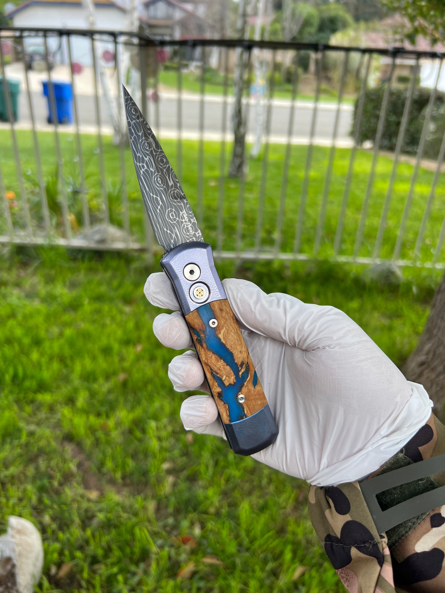 Pro-Tech Godson 2023 Custom 005 Blue Anodized Titanium Handle w/ River Table Wood Inlay Vegas Forge Damascus Blade Mosaic Button