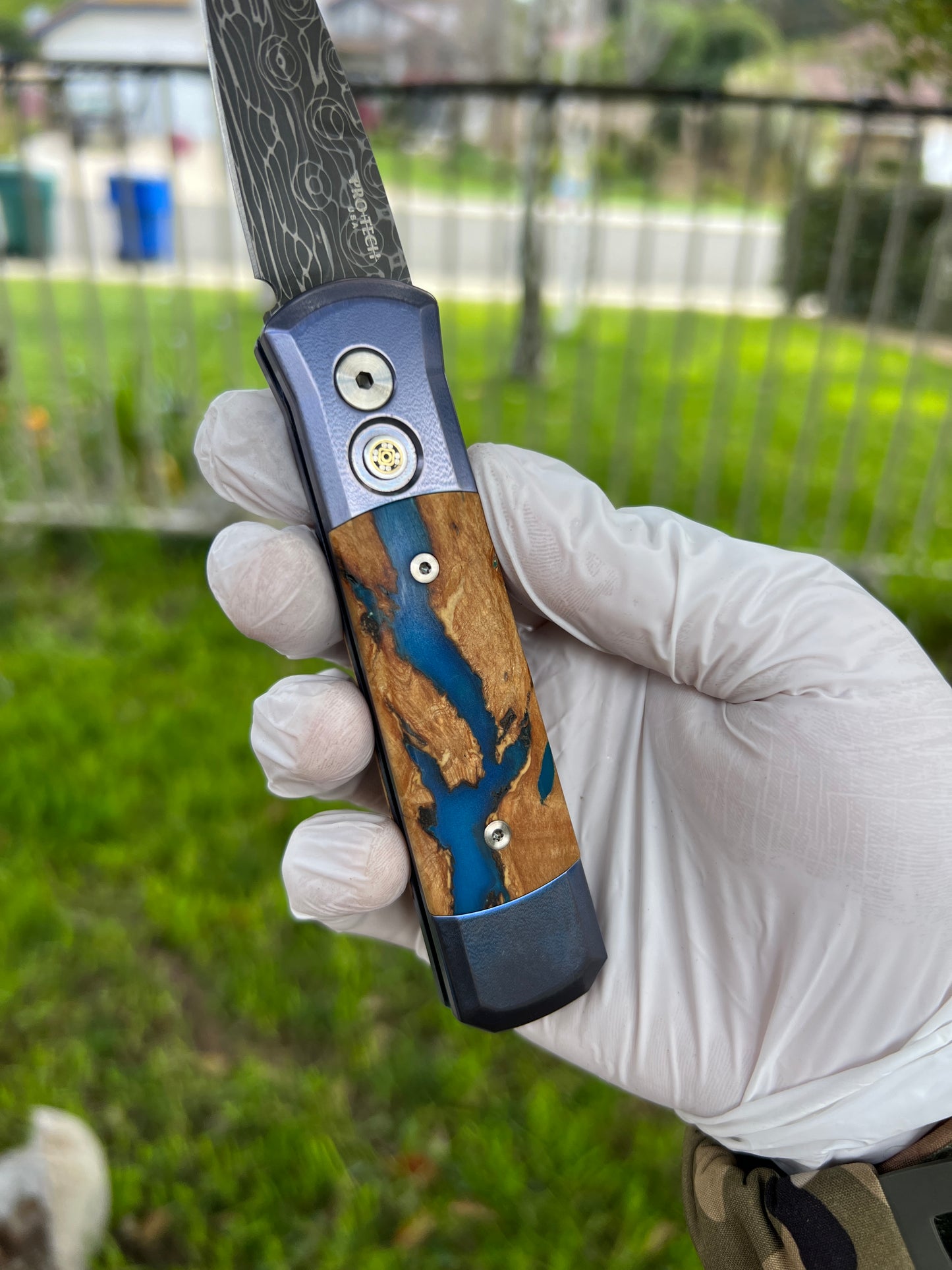Pro-Tech Godson 2023 Custom 005 Blue Anodized Titanium Handle w/ River Table Wood Inlay Vegas Forge Damascus Blade Mosaic Button