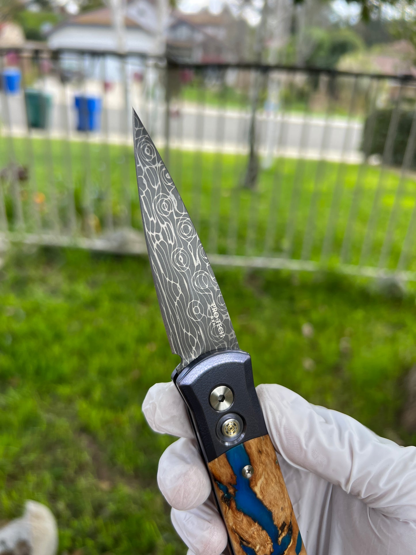 Pro-Tech Godson 2023 Custom 005 Blue Anodized Titanium Handle w/ River Table Wood Inlay Vegas Forge Damascus Blade Mosaic Button