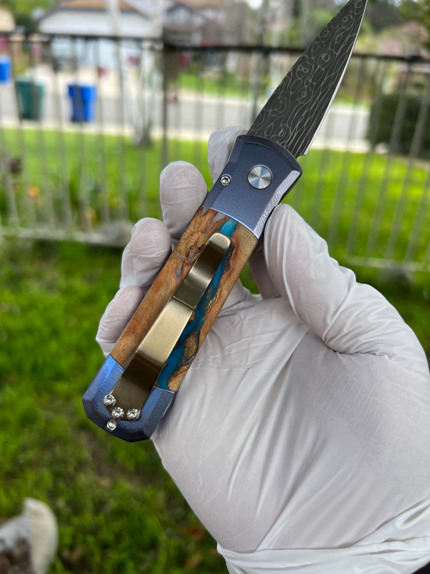 Pro-Tech Godson 2023 Custom 005 Blue Anodized Titanium Handle w/ River Table Wood Inlay Vegas Forge Damascus Blade Mosaic Button