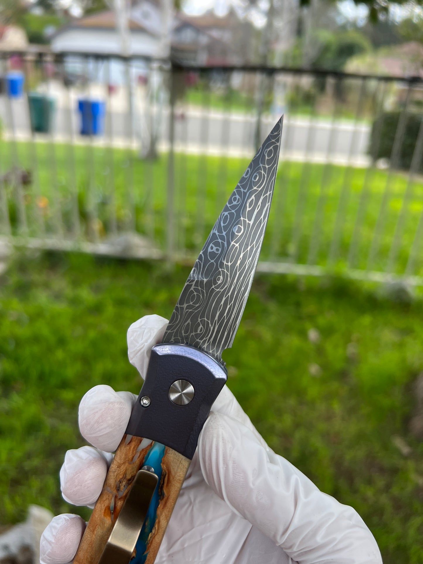 Pro-Tech Godson 2023 Custom 005 Blue Anodized Titanium Handle w/ River Table Wood Inlay Vegas Forge Damascus Blade Mosaic Button