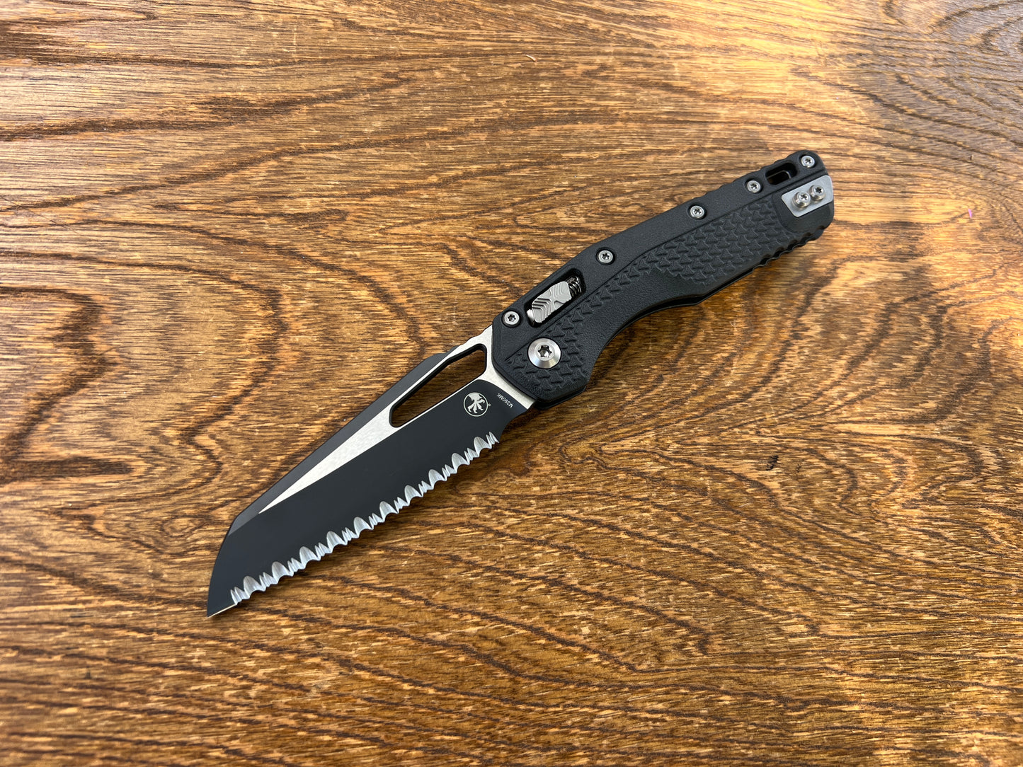 Microtech 210T-3PMBK MSI RAM-LOK Manual Folding Knife 3.88" Bohler M390MK Black Modified Sheepsfoot Combo Blade, Black Injection Molded Polymer Handles, AXIS/Crossbar Lock