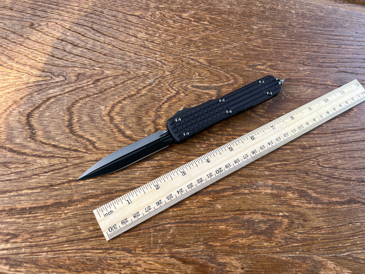 Microtech 122-1UT-DSH Ultratech Shadow Frag AUTO OTF 3.46" Black DLC Double Edge Dagger Blade, Black Aluminum Handles with Nickel Boron Internals