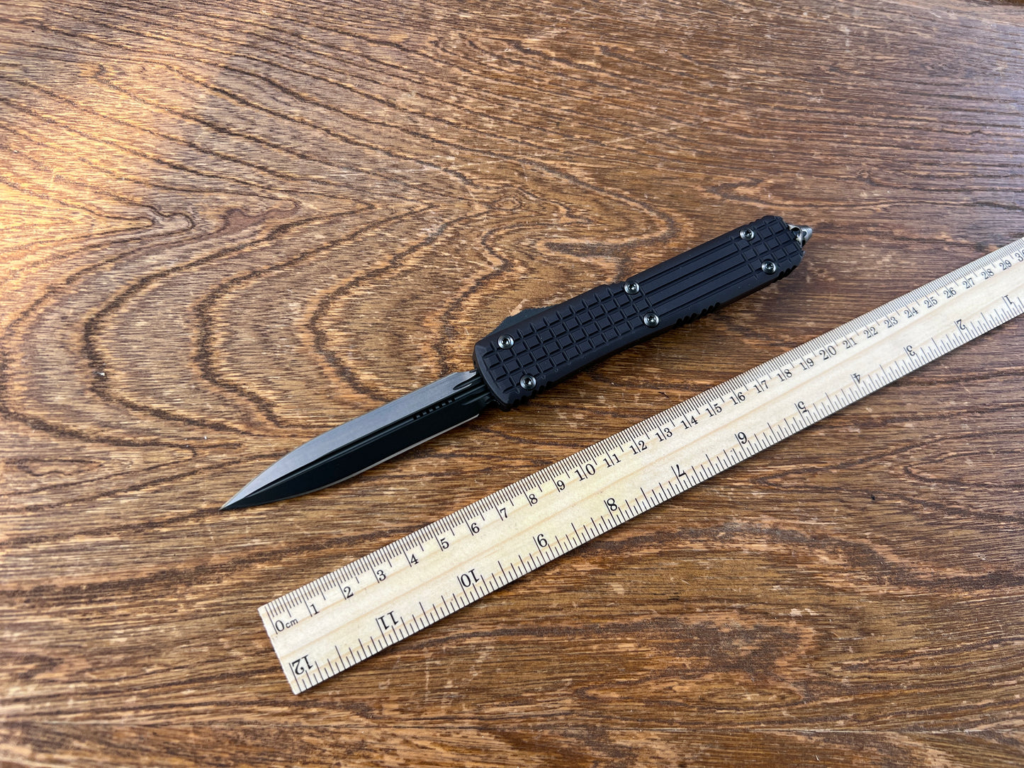 Microtech 122-1UT-DSH Ultratech Shadow Frag AUTO OTF 3.46" Black DLC Double Edge Dagger Blade, Black Aluminum Handles with Nickel Boron Internals