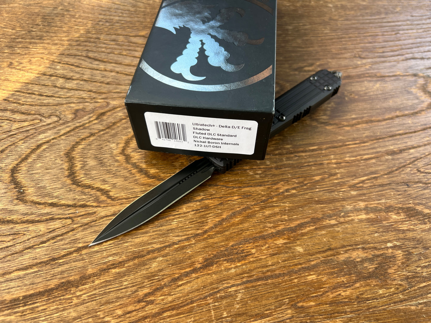 Microtech 122-1UT-DSH Ultratech Shadow Frag AUTO OTF 3.46" Black DLC Double Edge Dagger Blade, Black Aluminum Handles with Nickel Boron Internals