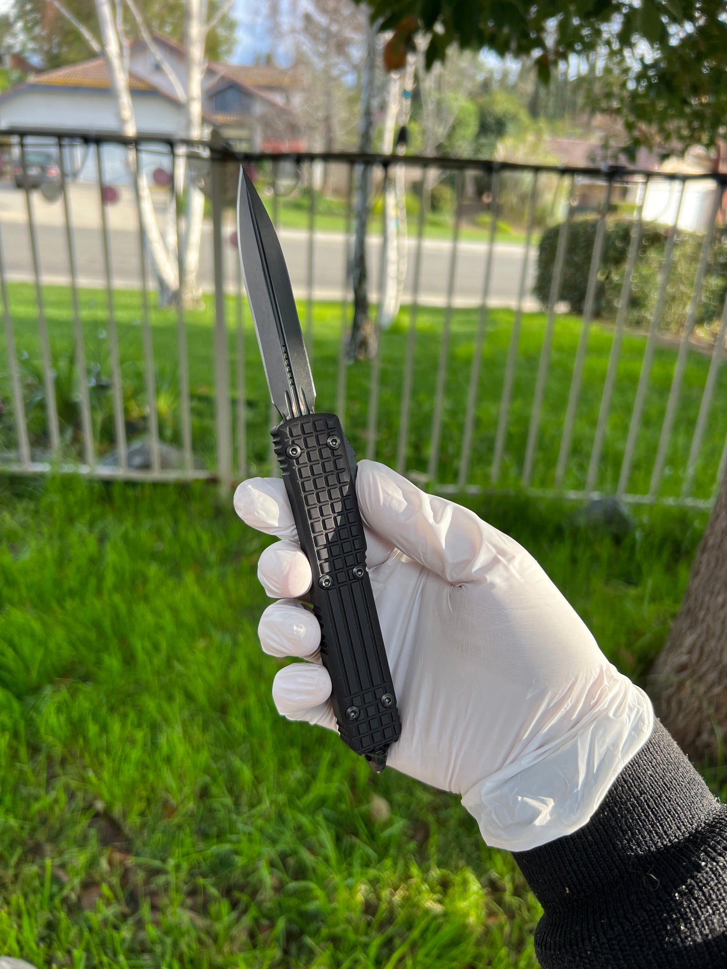 Microtech 122-1UT-DSH Ultratech Shadow Frag AUTO OTF 3.46" Black DLC Double Edge Dagger Blade, Black Aluminum Handles with Nickel Boron Internals