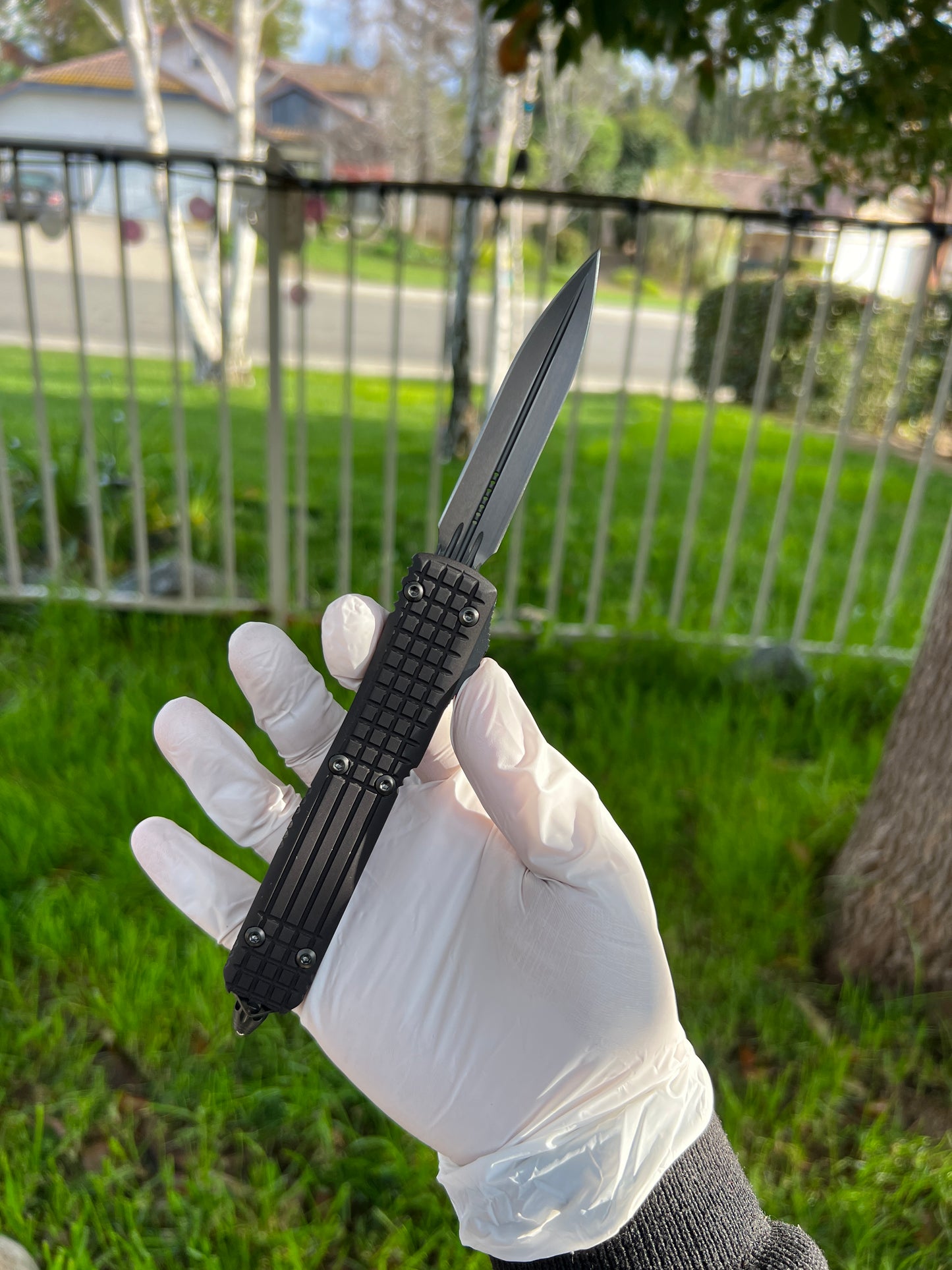 Microtech 122-1UT-DSH Ultratech Shadow Frag AUTO OTF 3.46" Black DLC Double Edge Dagger Blade, Black Aluminum Handles with Nickel Boron Internals