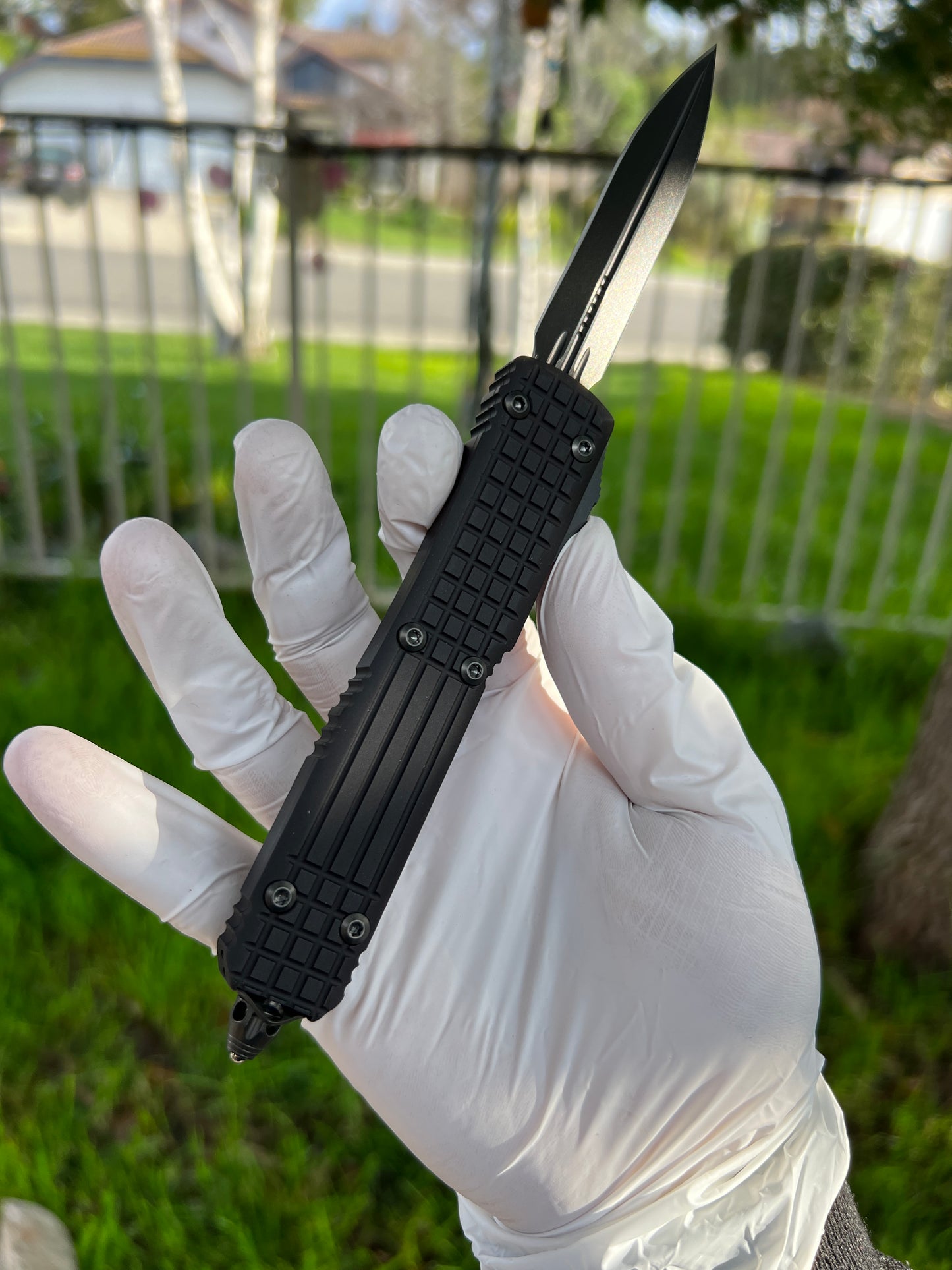 Microtech 122-1UT-DSH Ultratech Shadow Frag AUTO OTF 3.46" Black DLC Double Edge Dagger Blade, Black Aluminum Handles with Nickel Boron Internals