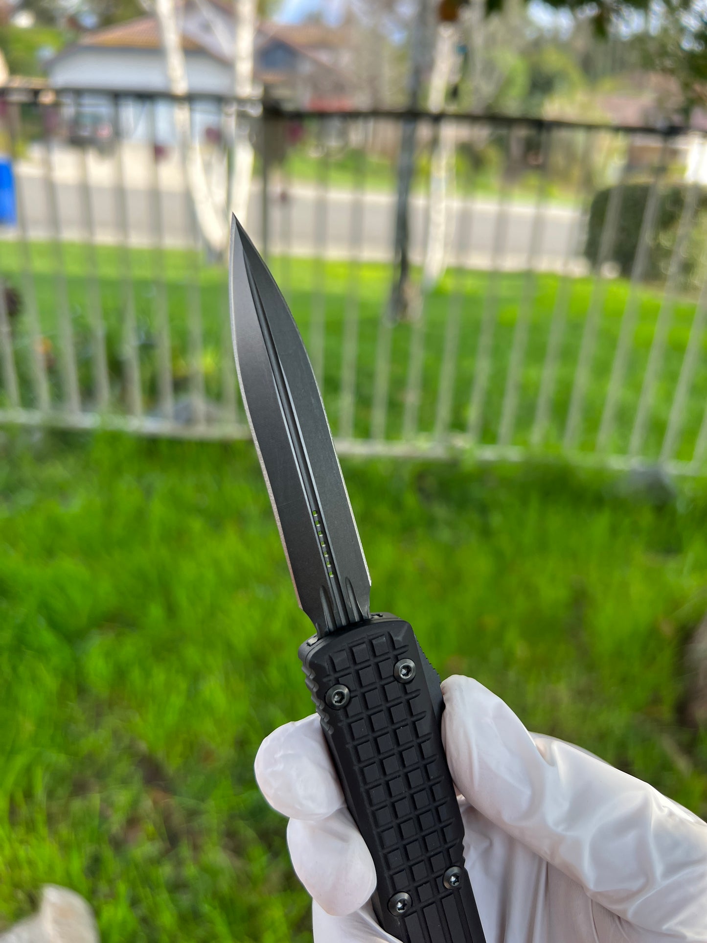 Microtech 122-1UT-DSH Ultratech Shadow Frag AUTO OTF 3.46" Black DLC Double Edge Dagger Blade, Black Aluminum Handles with Nickel Boron Internals