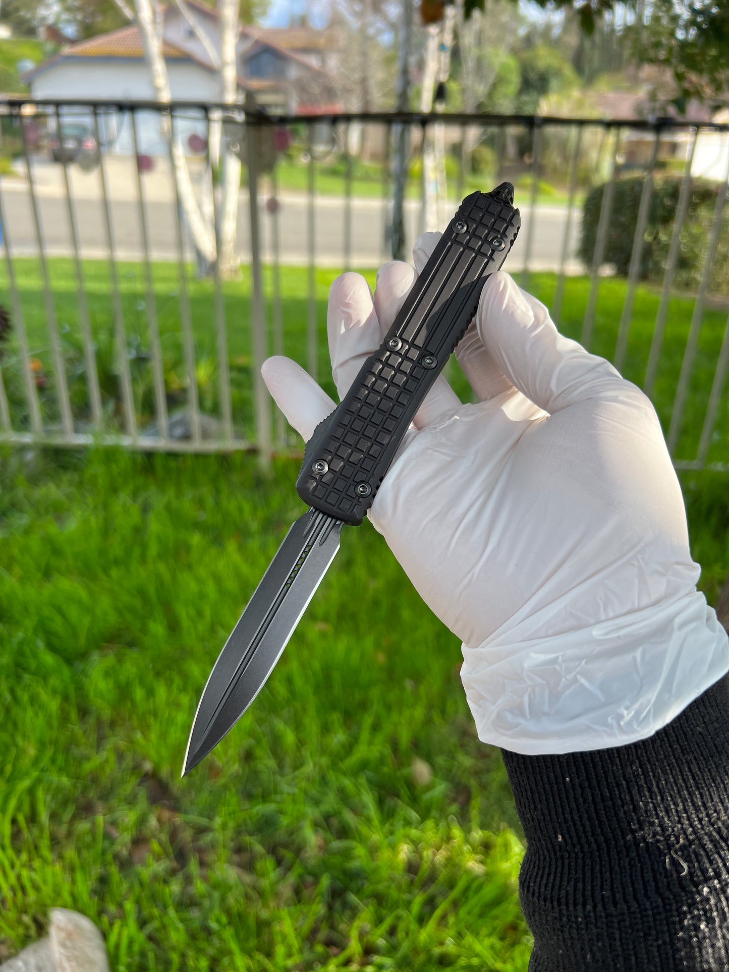 Microtech 122-1UT-DSH Ultratech Shadow Frag AUTO OTF 3.46" Black DLC Double Edge Dagger Blade, Black Aluminum Handles with Nickel Boron Internals