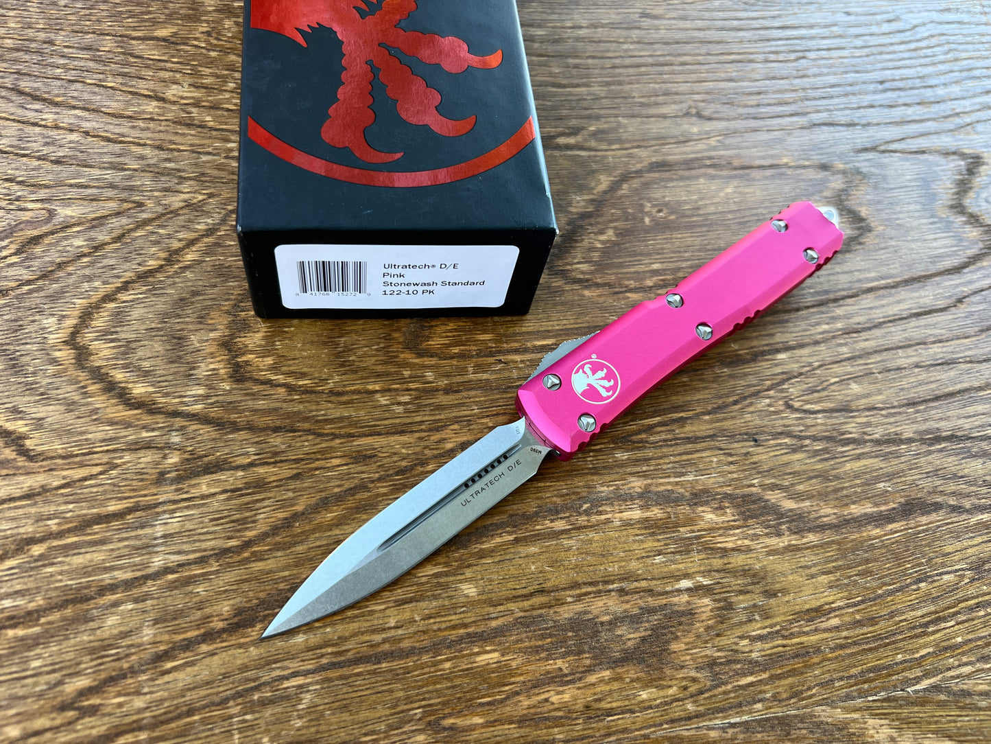 Microtech 122-10PK Ultratech AUTO OTF 3.46" Stonewashed Double Edge Dagger Blade, Pink Aluminum Handles