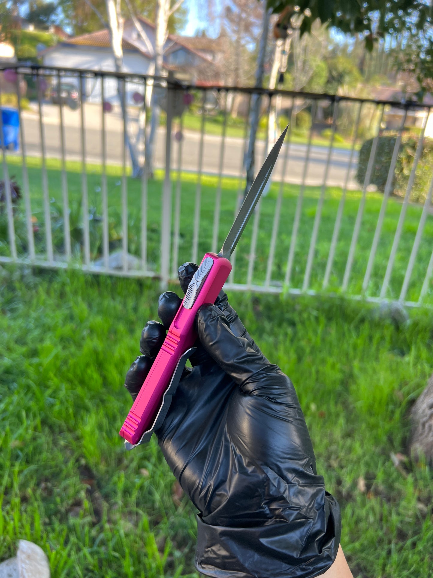 Microtech 122-10PK Ultratech AUTO OTF 3.46" Stonewashed Double Edge Dagger Blade, Pink Aluminum Handles