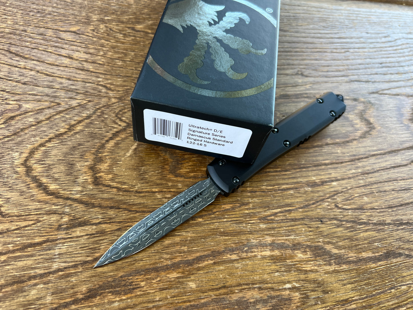Microtech 122-16S Ultratech Signature Series AUTO OTF Knife 3.46" Damascus Double Edge Dagger Blade, Black Aluminum Handle