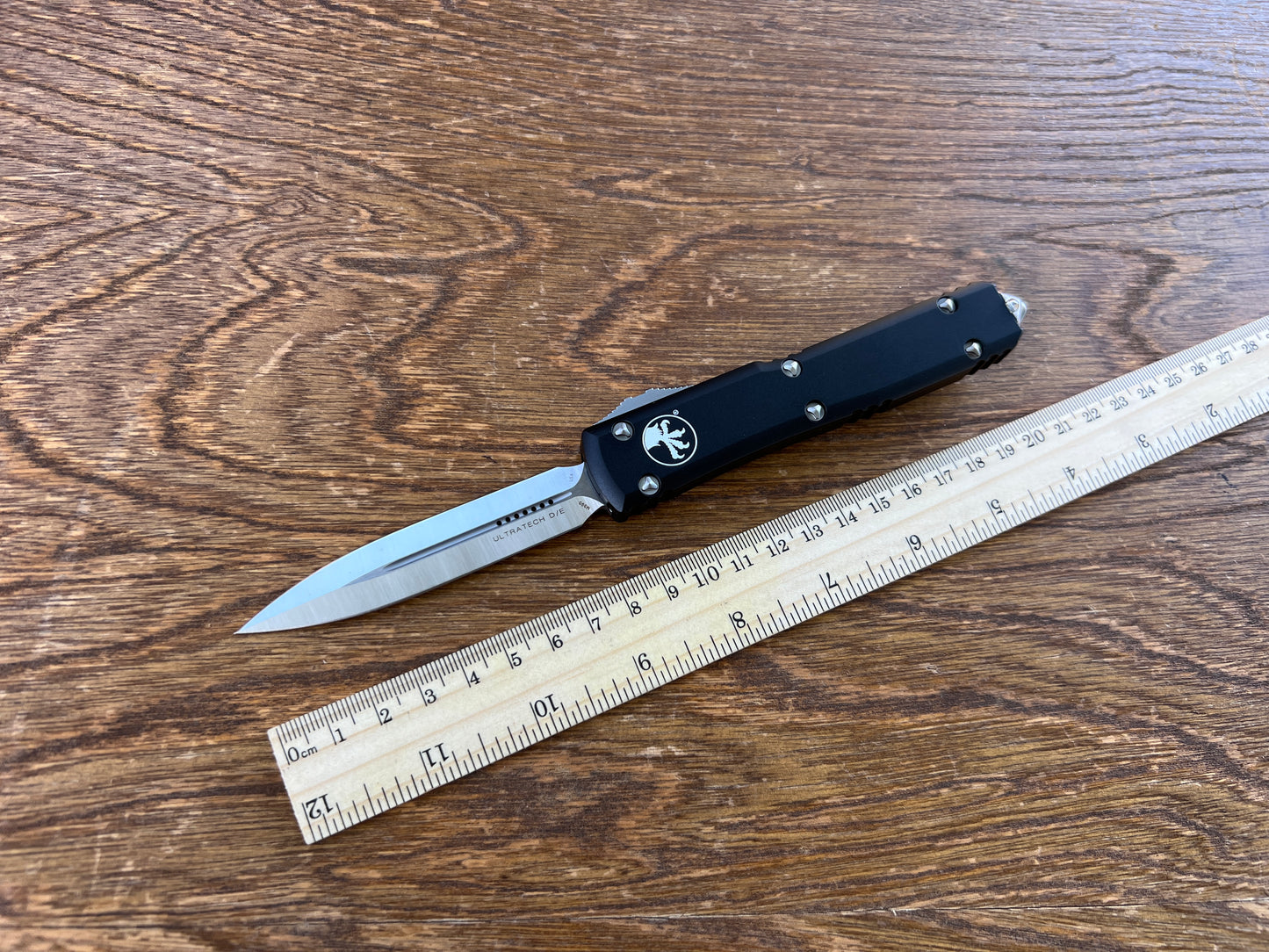 Microtech 122-4 Ultratech AUTO OTF Knife 3.46" Satin Double Edge Dagger Blade, Black Aluminum Handles