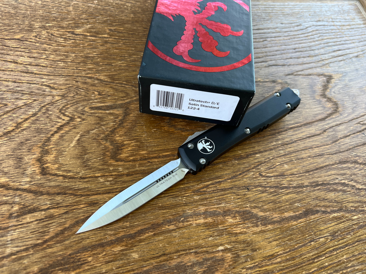 Microtech 122-4 Ultratech AUTO OTF Knife 3.46" Satin Double Edge Dagger Blade, Black Aluminum Handles