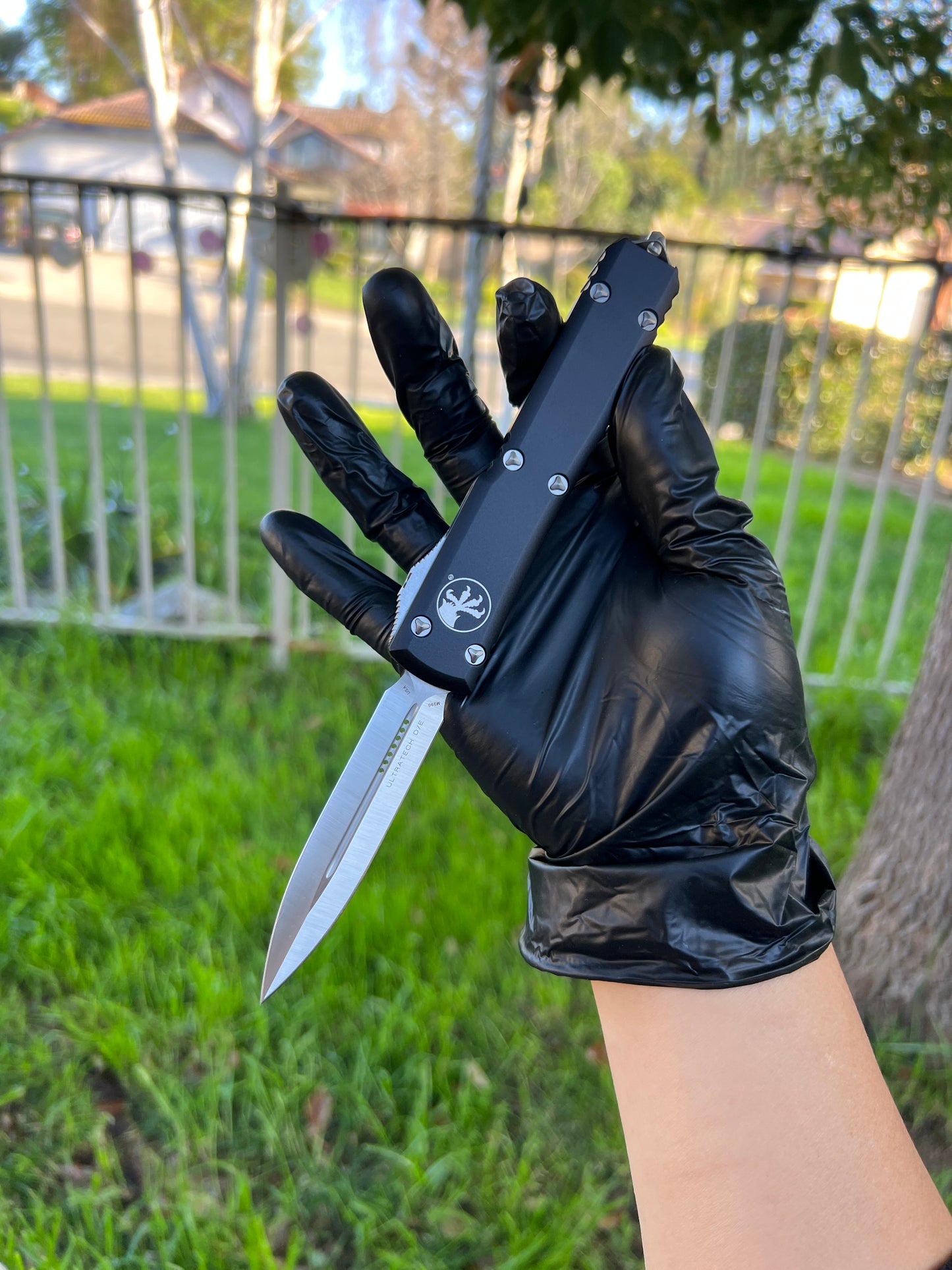 Microtech 122-4 Ultratech AUTO OTF Knife 3.46" Satin Double Edge Dagger Blade, Black Aluminum Handles