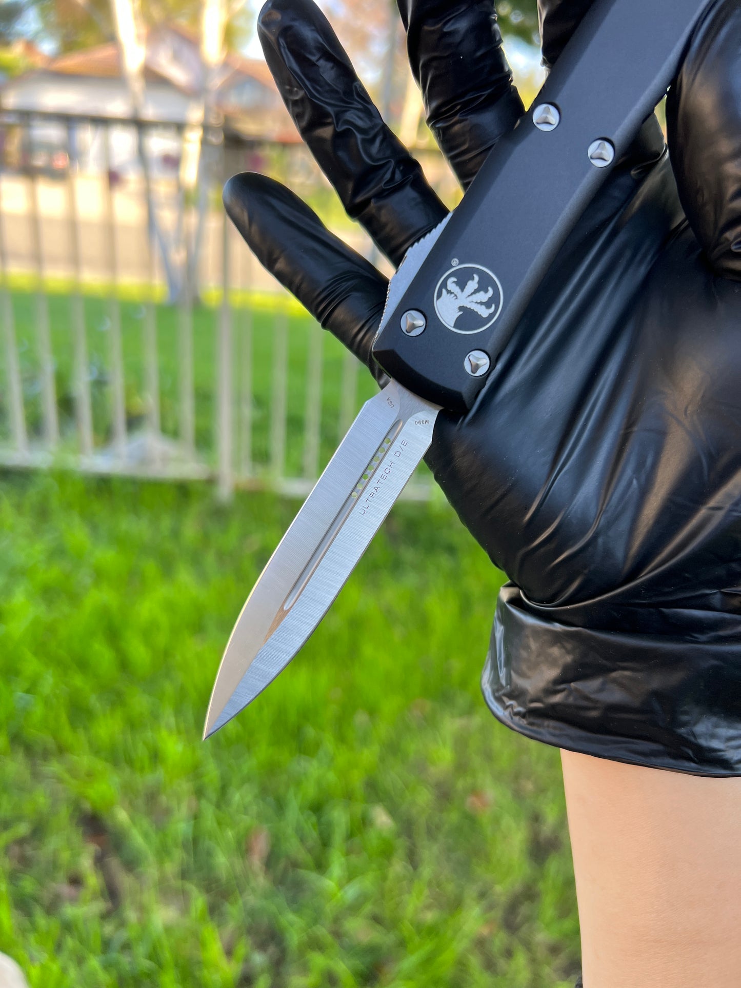 Microtech 122-4 Ultratech AUTO OTF Knife 3.46" Satin Double Edge Dagger Blade, Black Aluminum Handles