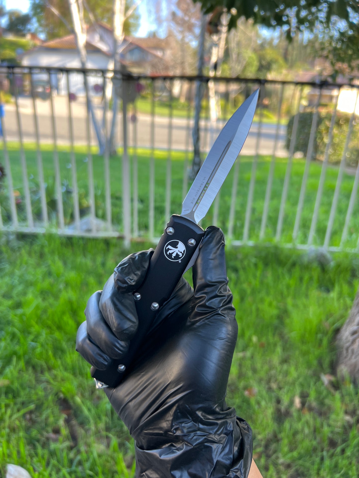 Microtech 122-4 Ultratech AUTO OTF Knife 3.46" Satin Double Edge Dagger Blade, Black Aluminum Handles