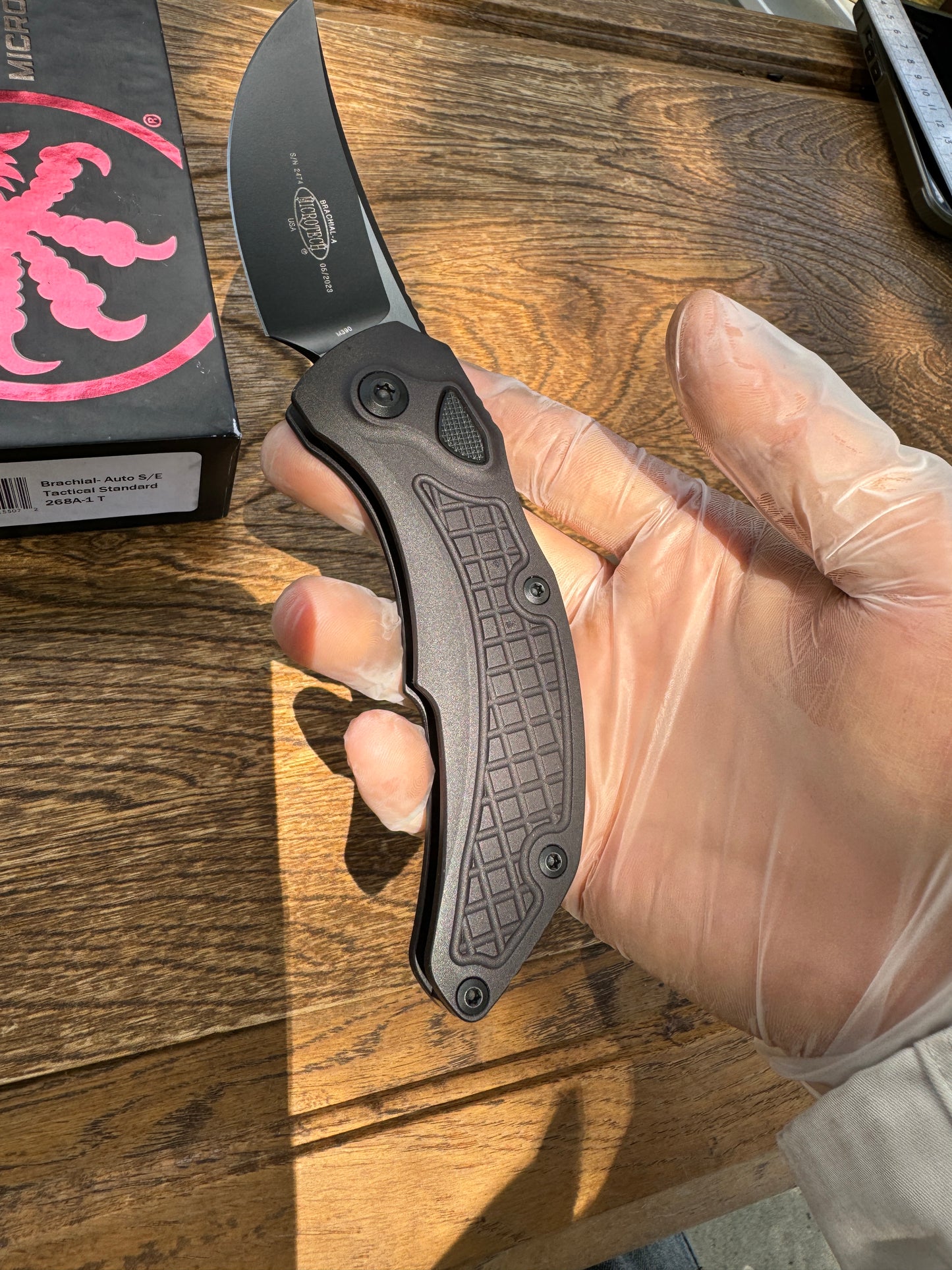 Microtech/Bastinelli Creations 268A-1T Brachial Tactical AUTO Folding Knife 3.5" Black Trailing Point Blade, Milled Black Aluminum Handles