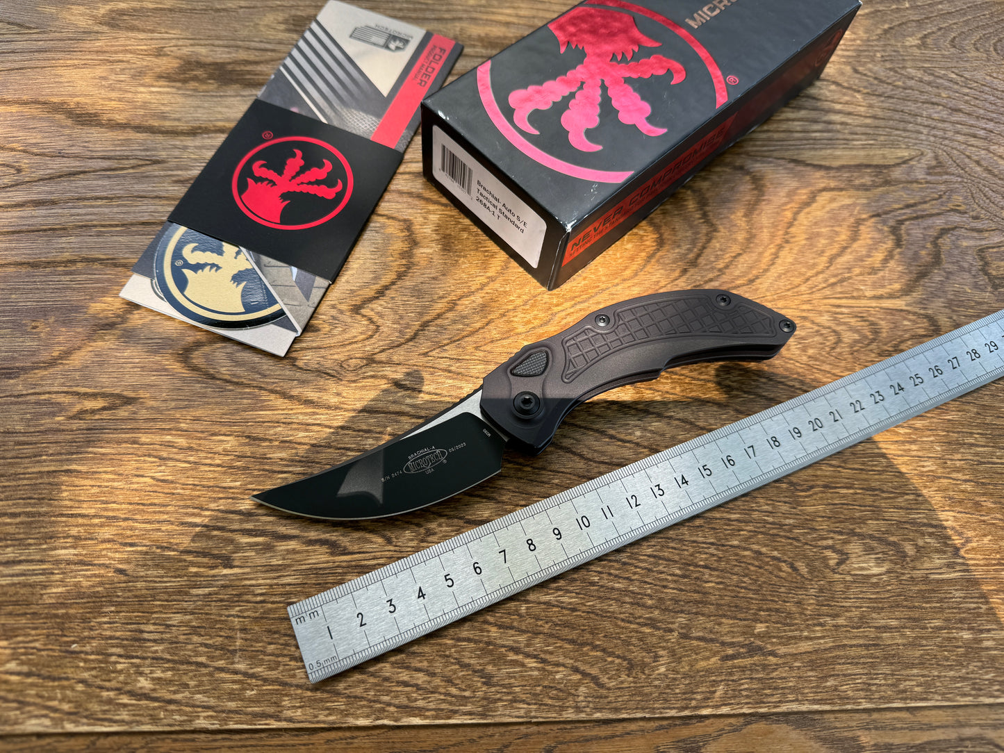Microtech/Bastinelli Creations 268A-1T Brachial Tactical AUTO Folding Knife 3.5" Black Trailing Point Blade, Milled Black Aluminum Handles