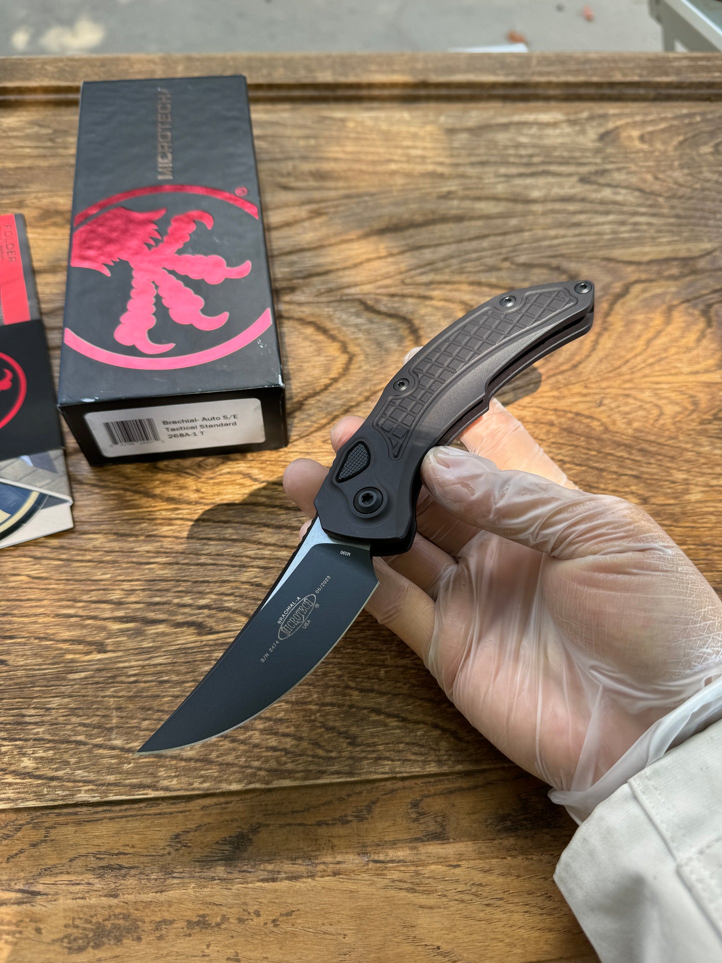 Microtech/Bastinelli Creations 268A-1T Brachial Tactical AUTO Folding Knife 3.5" Black Trailing Point Blade, Milled Black Aluminum Handles