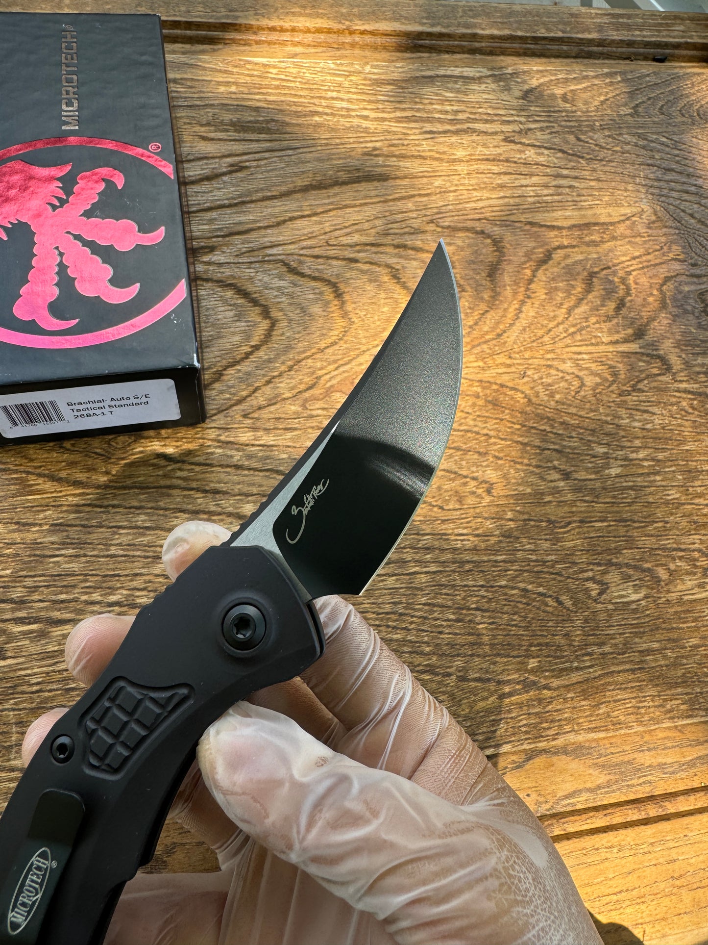 Microtech/Bastinelli Creations 268A-1T Brachial Tactical AUTO Folding Knife 3.5" Black Trailing Point Blade, Milled Black Aluminum Handles