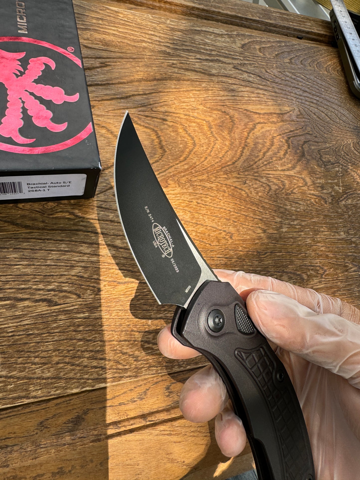Microtech/Bastinelli Creations 268A-1T Brachial Tactical AUTO Folding Knife 3.5" Black Trailing Point Blade, Milled Black Aluminum Handles